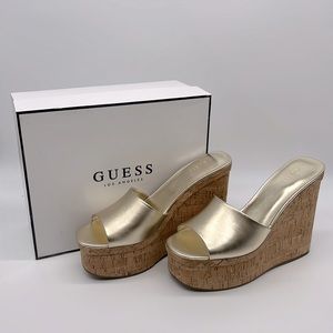 Guess NWB Catia Cork Wedge Sandals Gold
